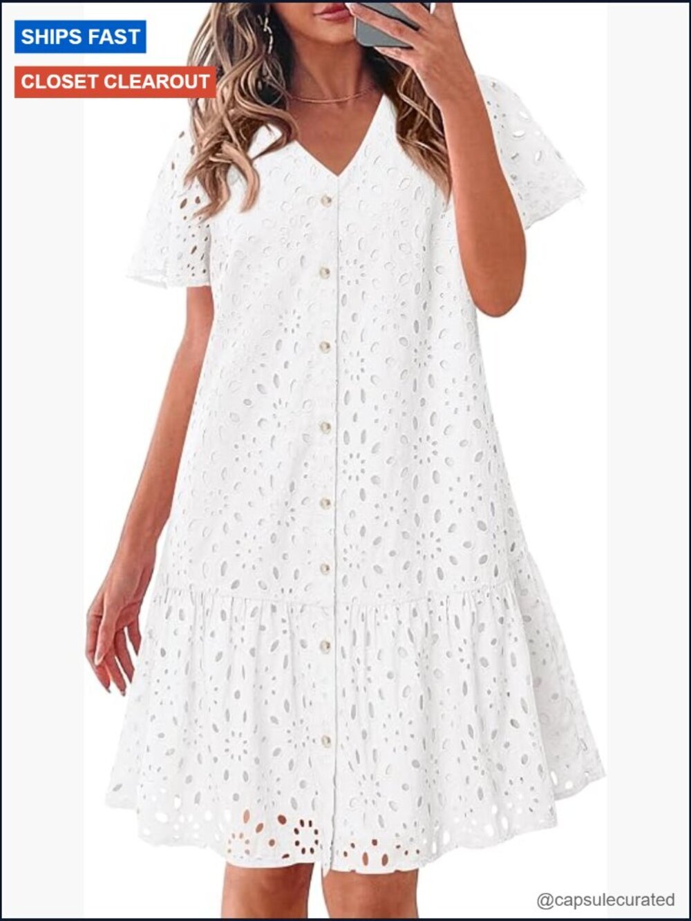 Eyelet Button Down Mini Babydoll Dress with Pockets
